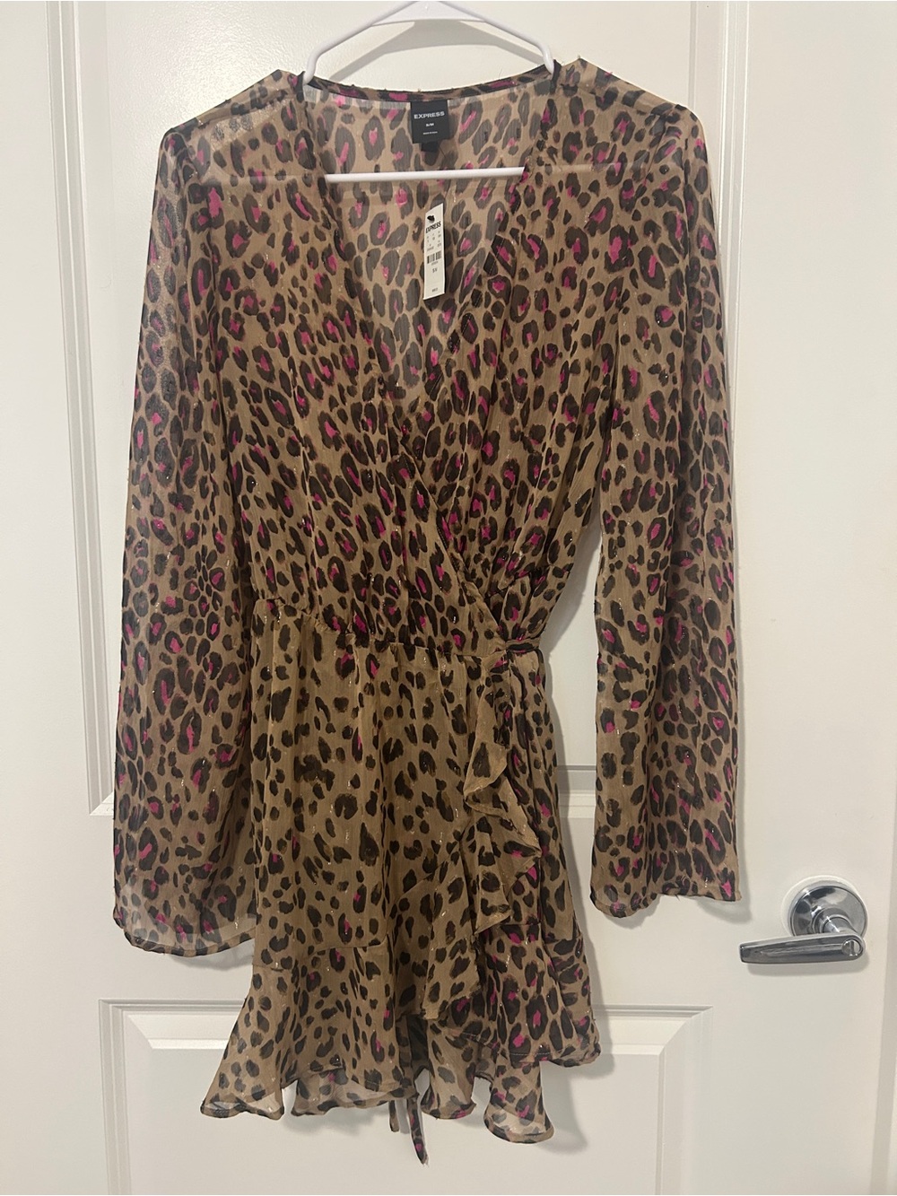 Express Tan Leopard-Print Wrap Tunic with Pink Spots